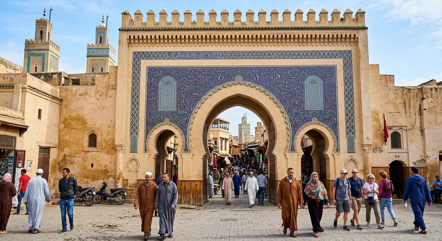 The blue-and-green zellij gate of Bab Boujloud, the western entrance to Fes el-Bali