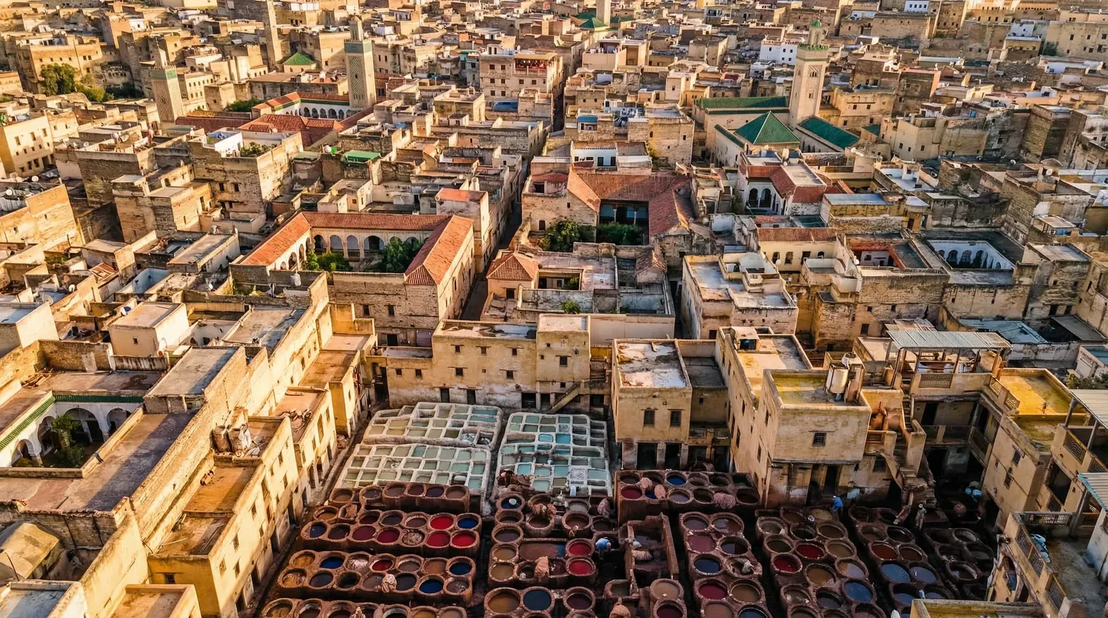 Rooftops and minarets of the Fes medina at golden hour — Fes & Imperial Cities