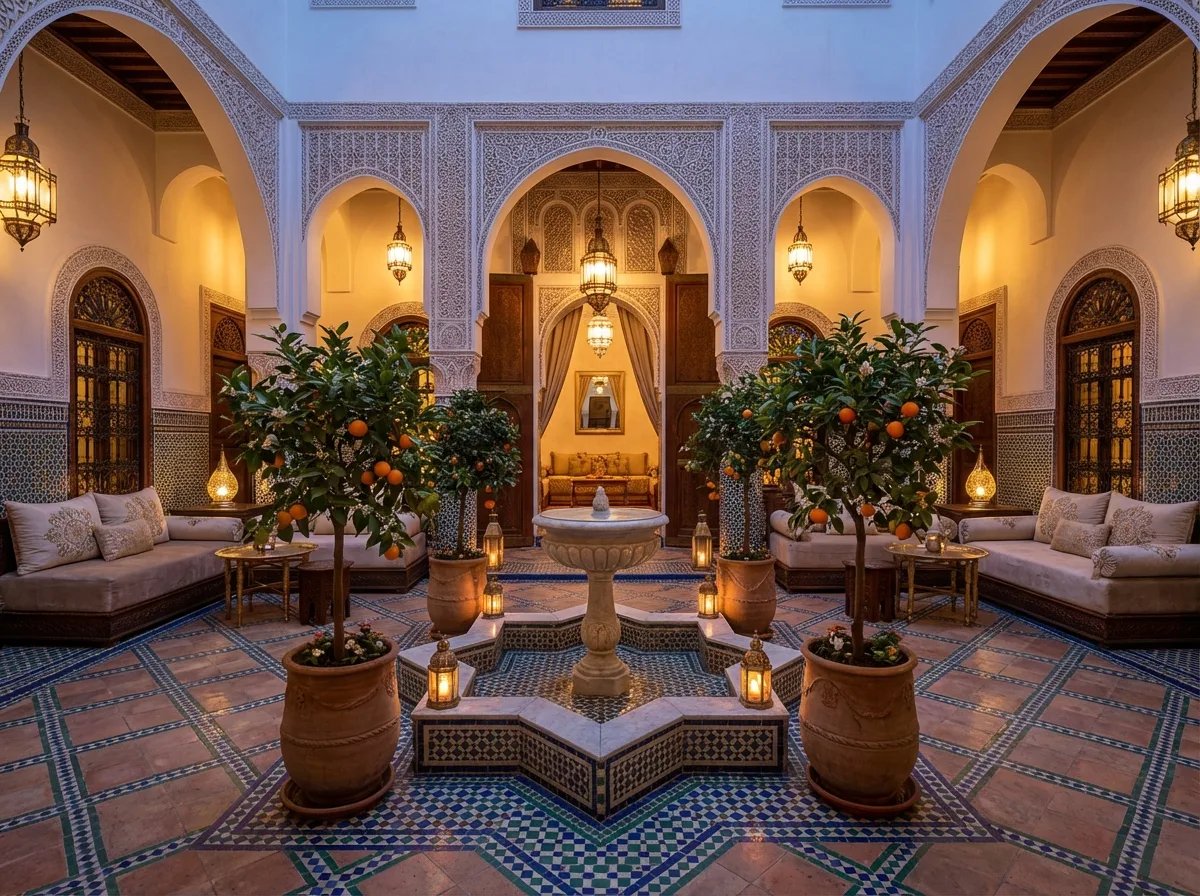A zellij-tiled riad courtyard with a central fountain in the Fes medina