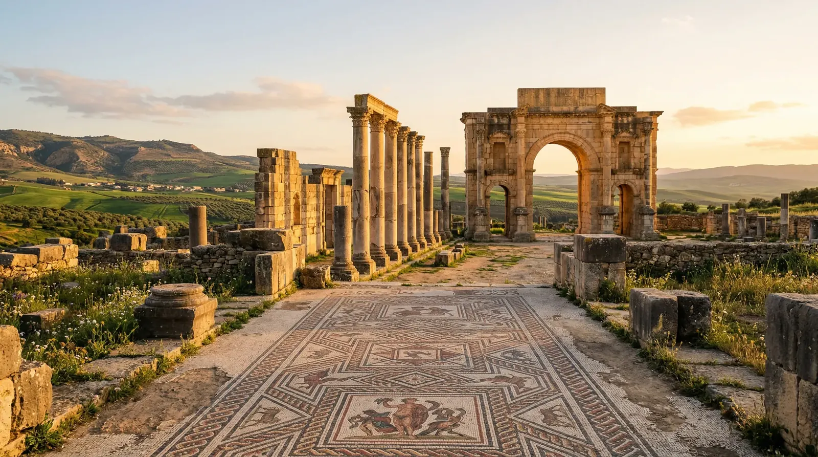 Mosaic floors and standing columns at the Roman archaeological site of Volubilis